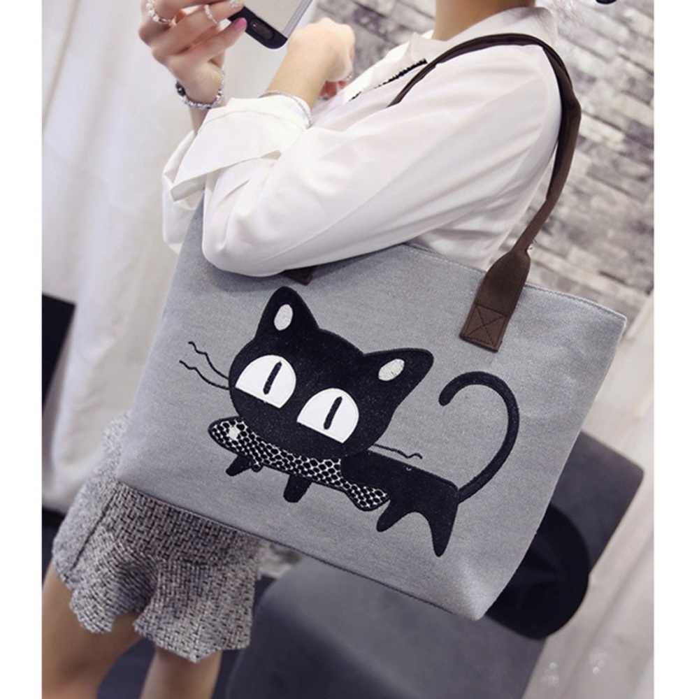 Cat with Fish Canvas Tote Handbag Purse - Picture 2 of 8
